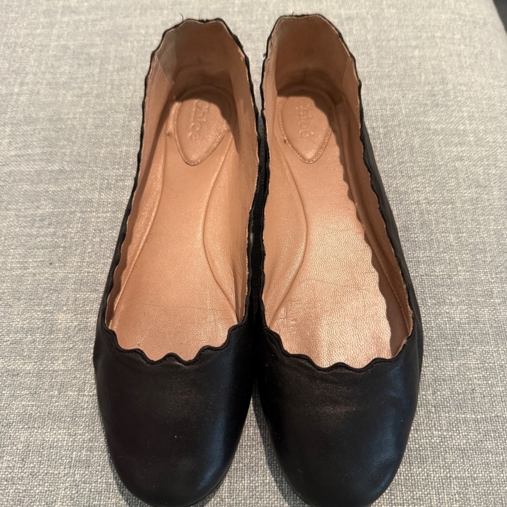 Chloe Lauren Scalloped Ballet Flats‎ Black Leather Round Toe Shoes Italian  6.5